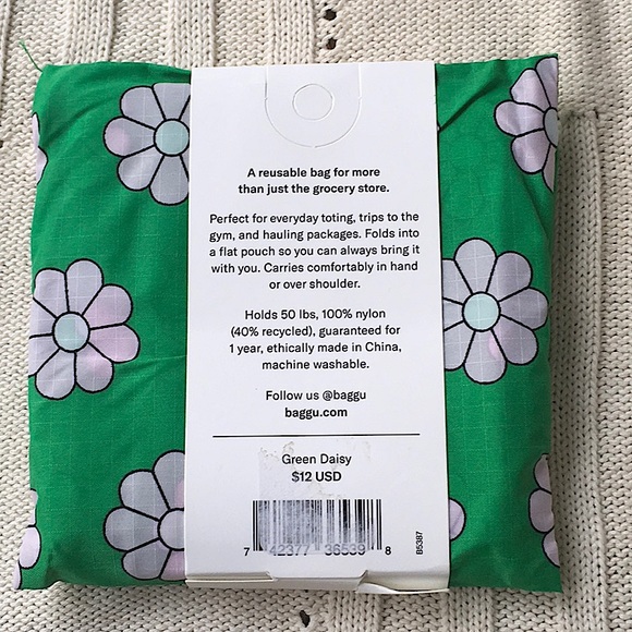 NWT BAGGU Green Daisy Reusable Shopping Bag Tote Purse Standard Size - Picture 4 of 11